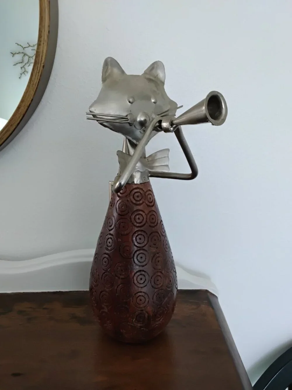Pier 1 Wood And Metal Cat Figurine Playing Horn